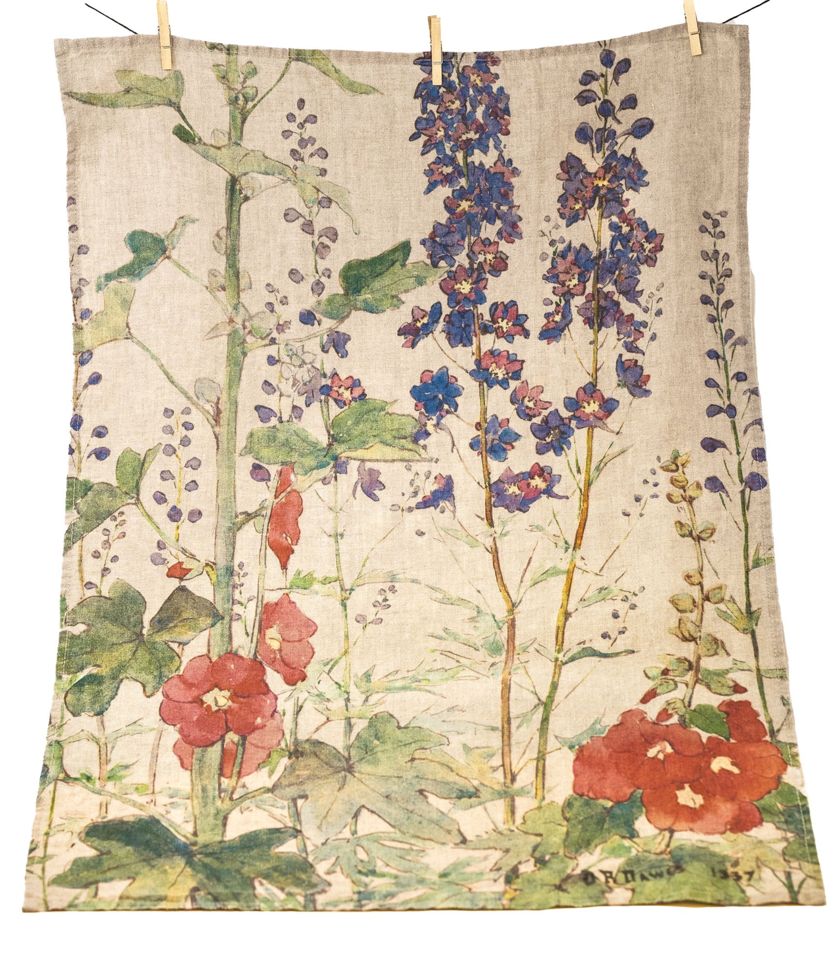 Natural Linen Hollyhock #2 Tea Towel
