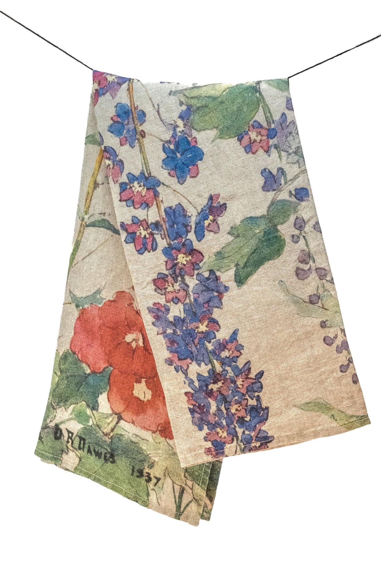 Natural Linen Hollyhock #2 Tea Towel