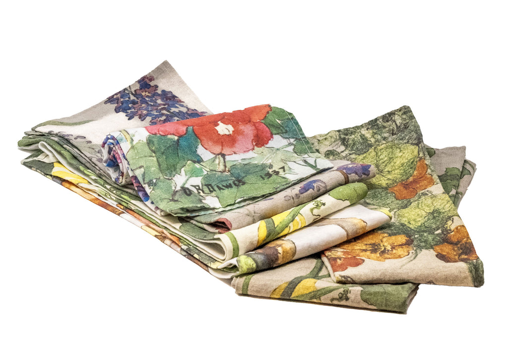 Natural Linen Holly Hock Tea Towel