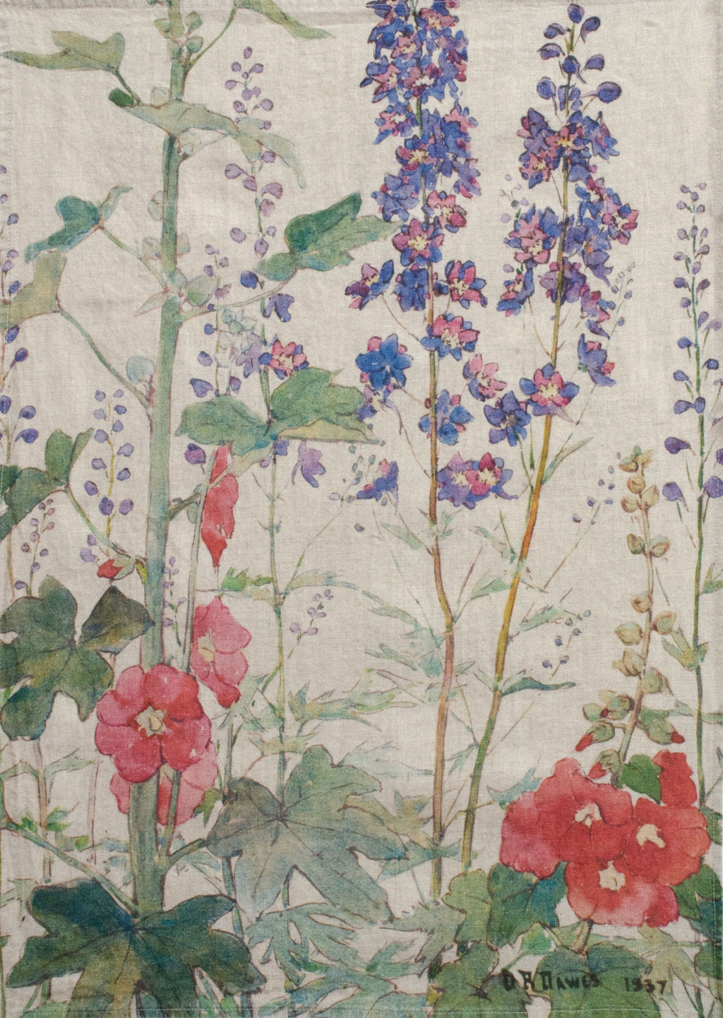 Floral pattern with pink, purple, and green flowers on a textured background