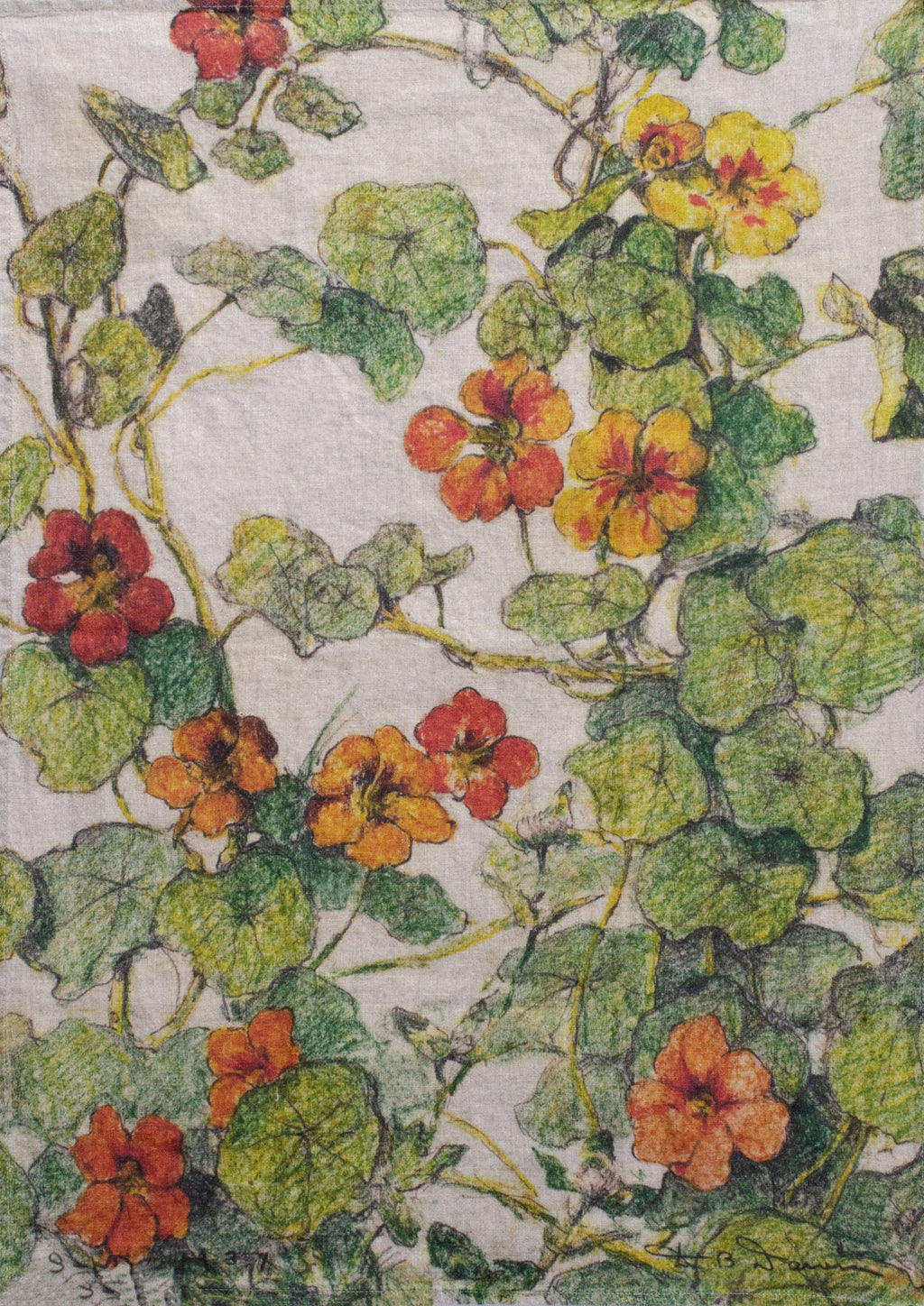 Colorful floral pattern with red, orange, and yellow flowers on a textured background
