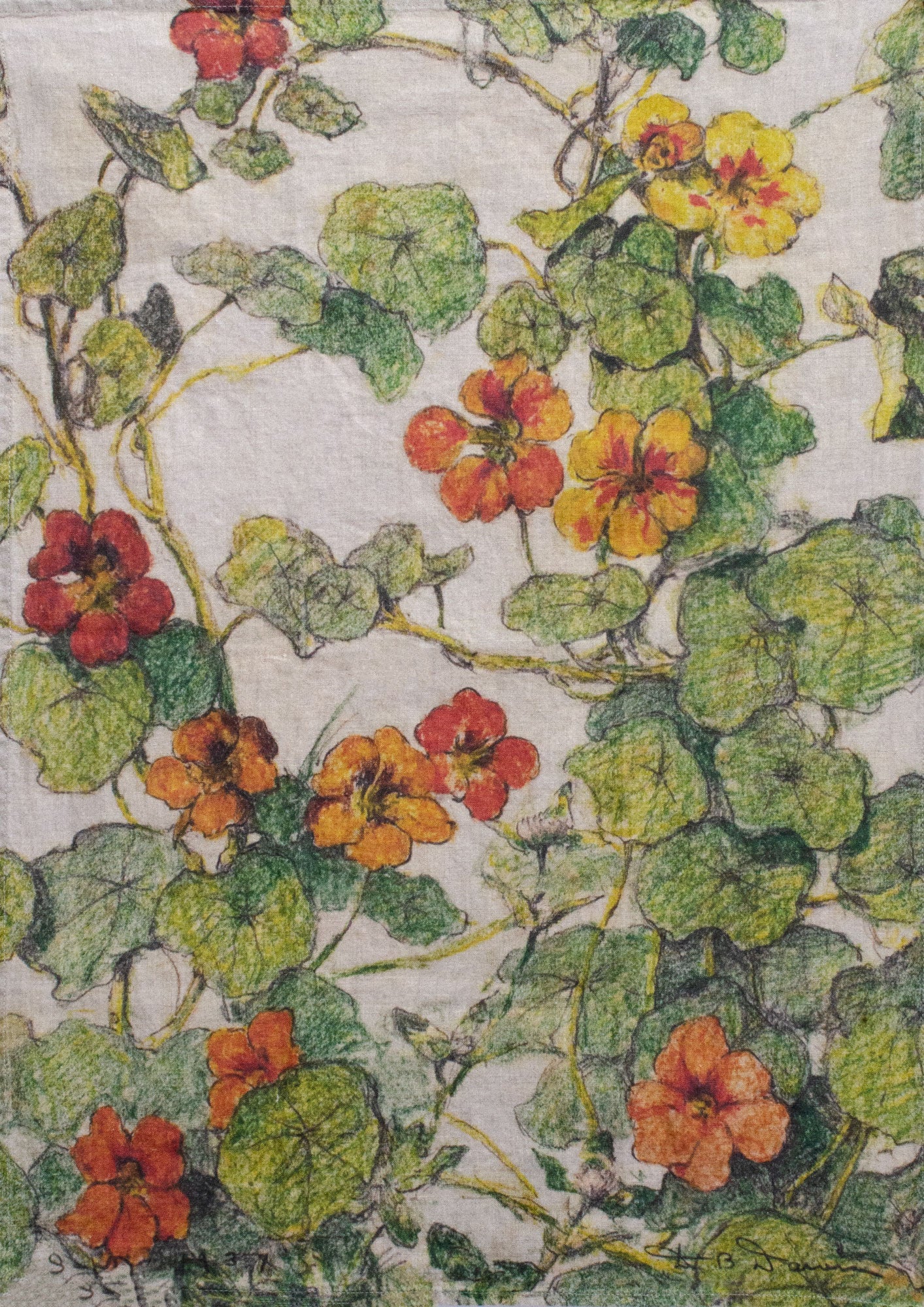 Colorful floral pattern with red, orange, and yellow flowers on a textured background