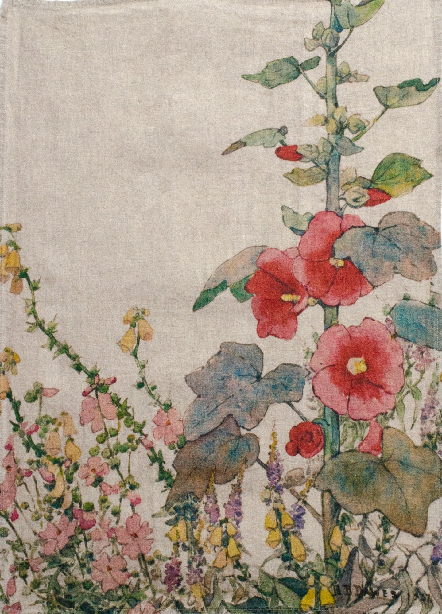 Natural Linen Holly Hock Tea Towel