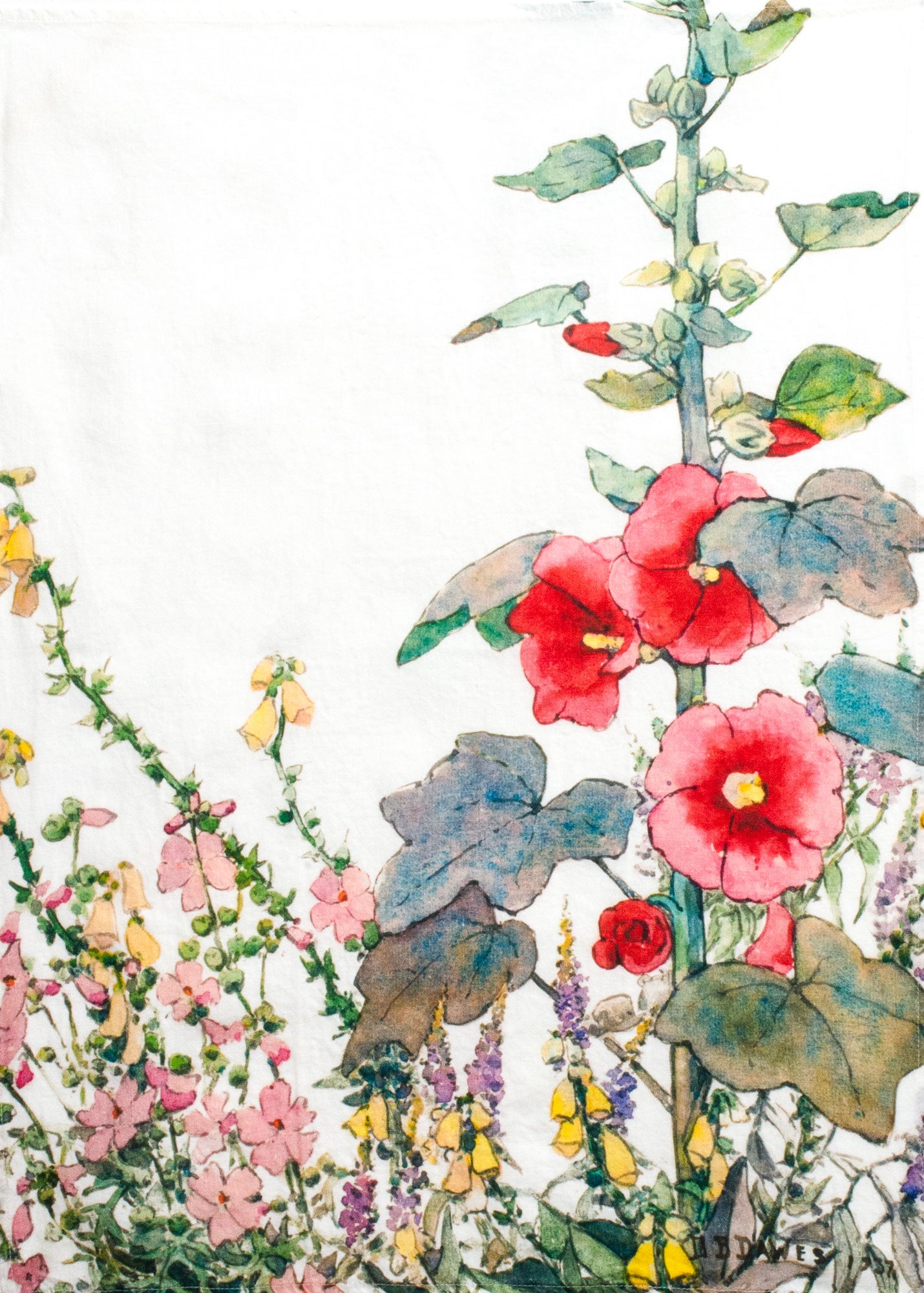 Holly Hock White Linen Tea Towel