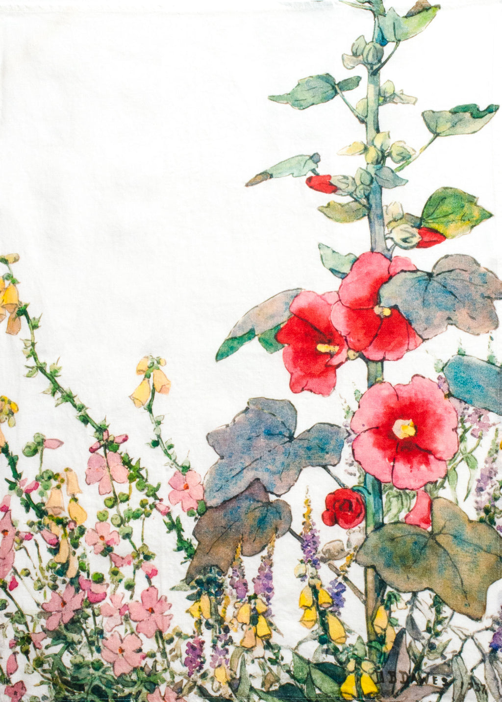 Holly Hock White Linen Tea Towel