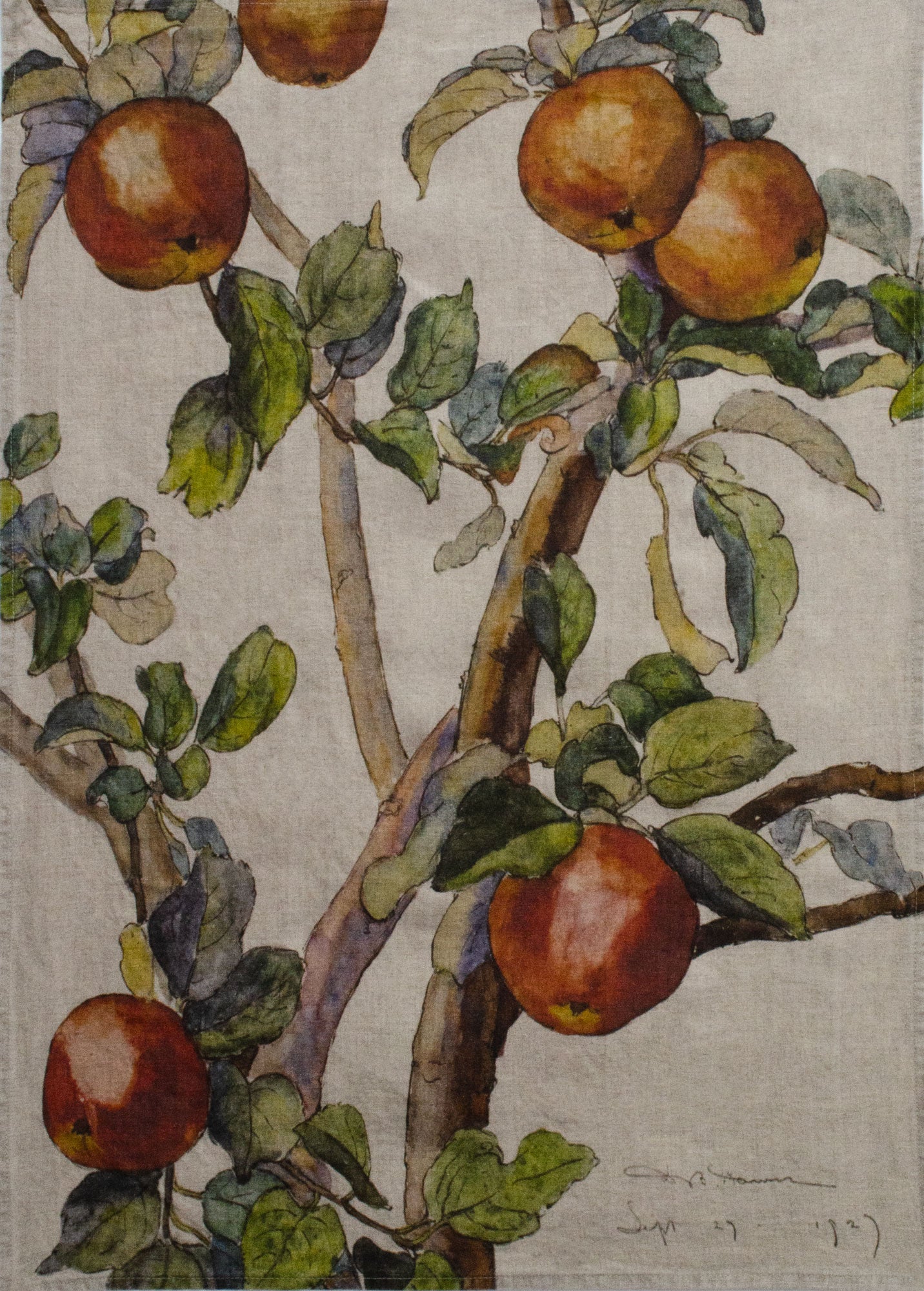 Natural linen tea towel with original art of Dexter B. Dawes