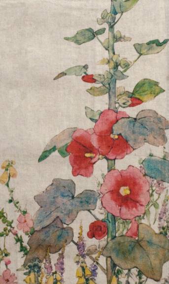 Natural Linen Holly Hock Tea Towel