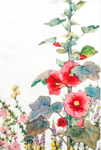 Holly Hock White Linen Tea Towel